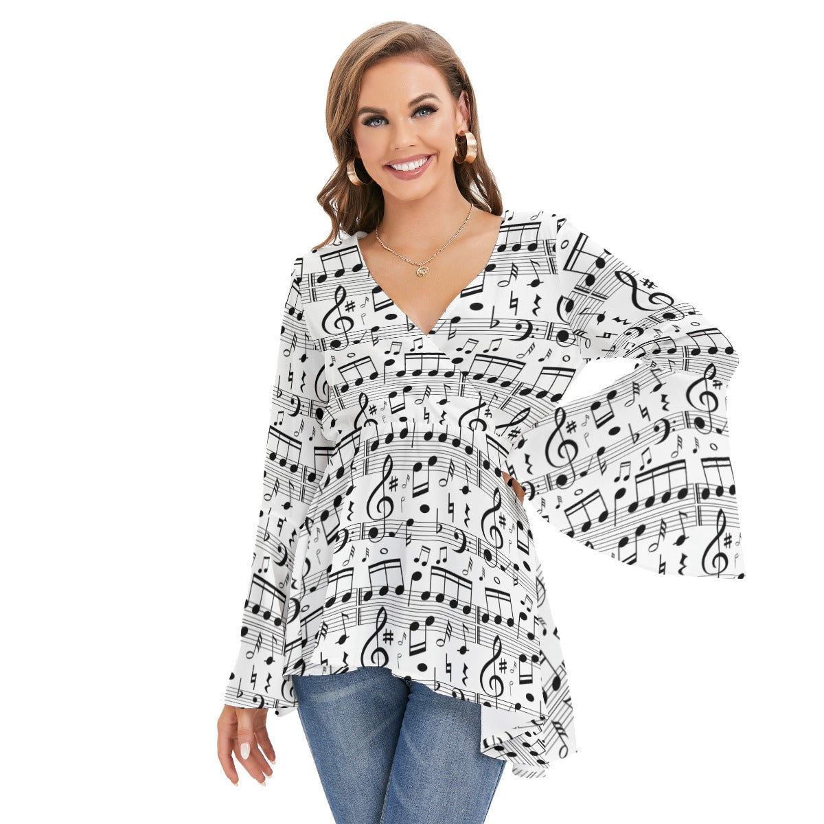 Music Scores V-neck Flared Sleeve Blouse