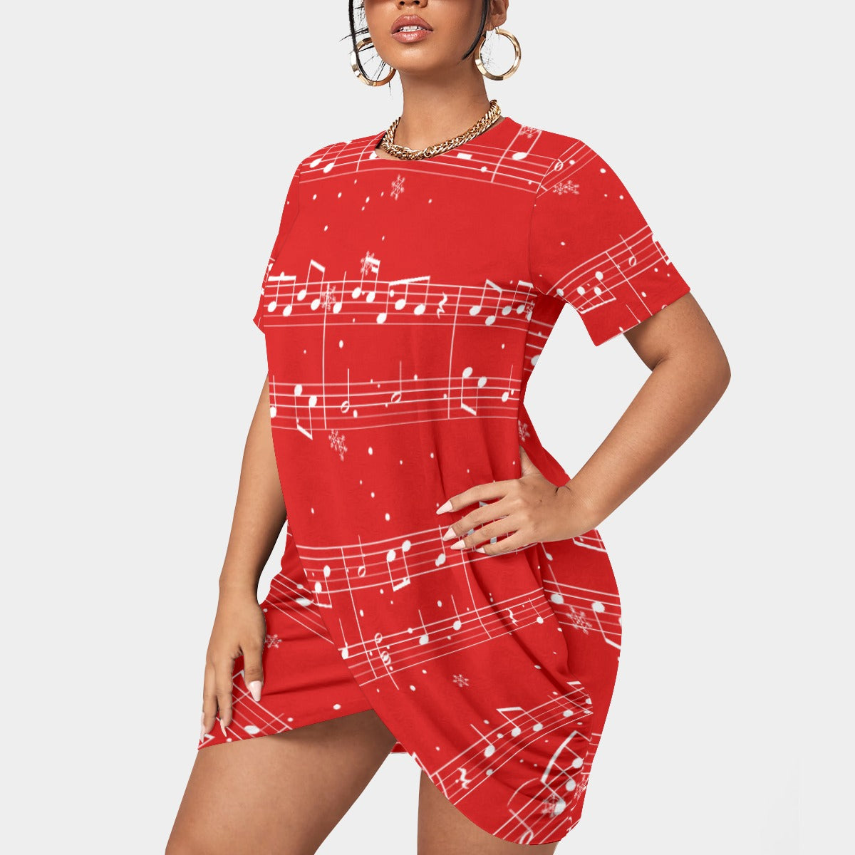 Music Print Red T-shirt Dress (Plus Size)