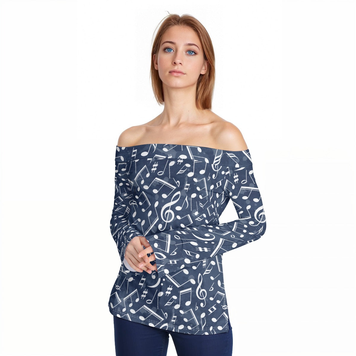Music Ocean Off-Shoulder Long Sleeve Top