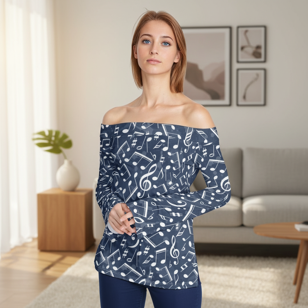 Music Ocean Off-Shoulder Long Sleeve Top