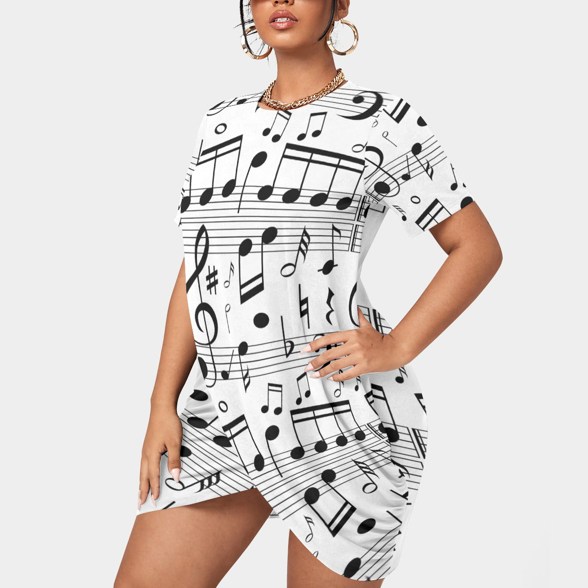 Music Print White T-shirt Dress (Plus Size)
