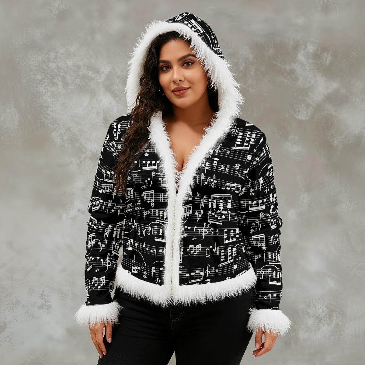 Music Scores Black Women's Faux Fur Trim Hooded Jacket