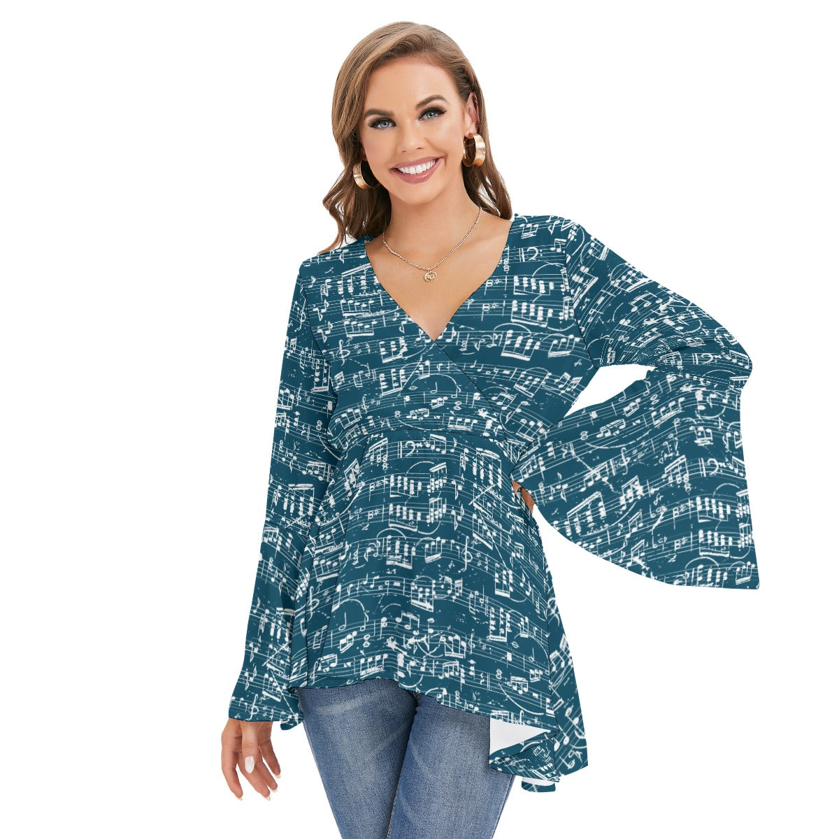 Blue Music Print V-neck Flared Sleeve Blouse
