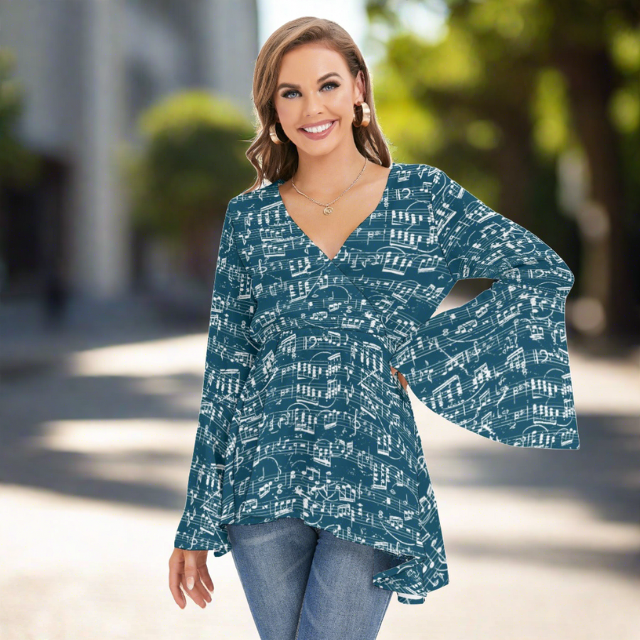 Blue Music Print V-neck Flared Sleeve Blouse