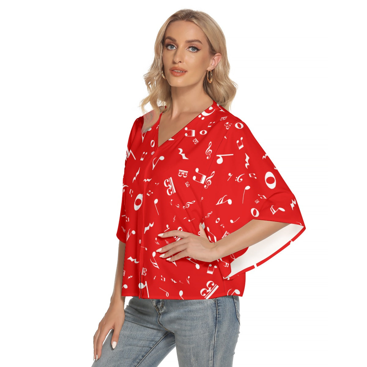 Music Red Bat Sleeve V-neck Button Up Top