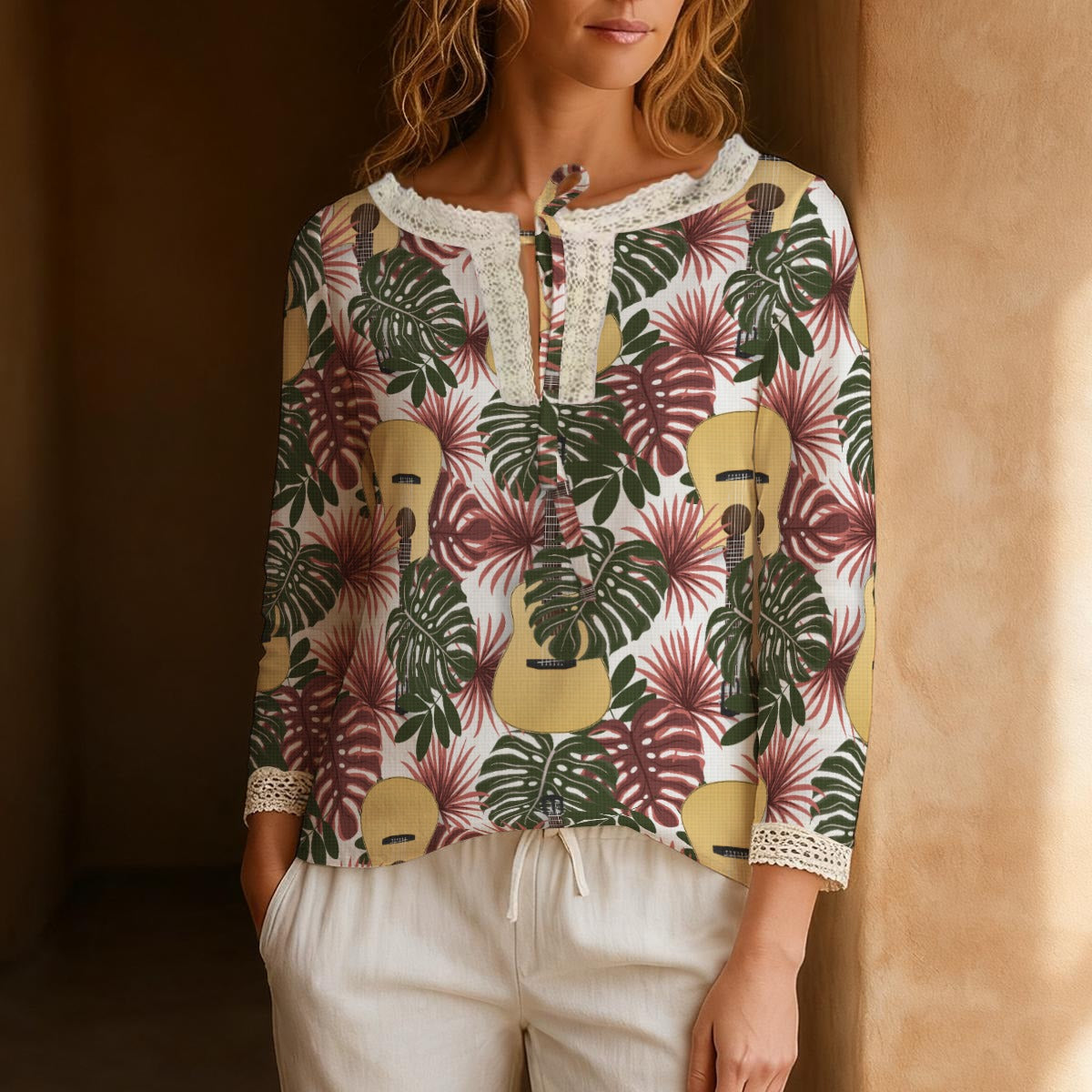 Guitar Vibes Long-Sleeve Boho Tie Neck Top