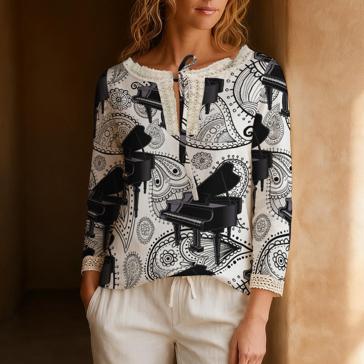 Black & White Grand Piano Boho Tie Neck Top