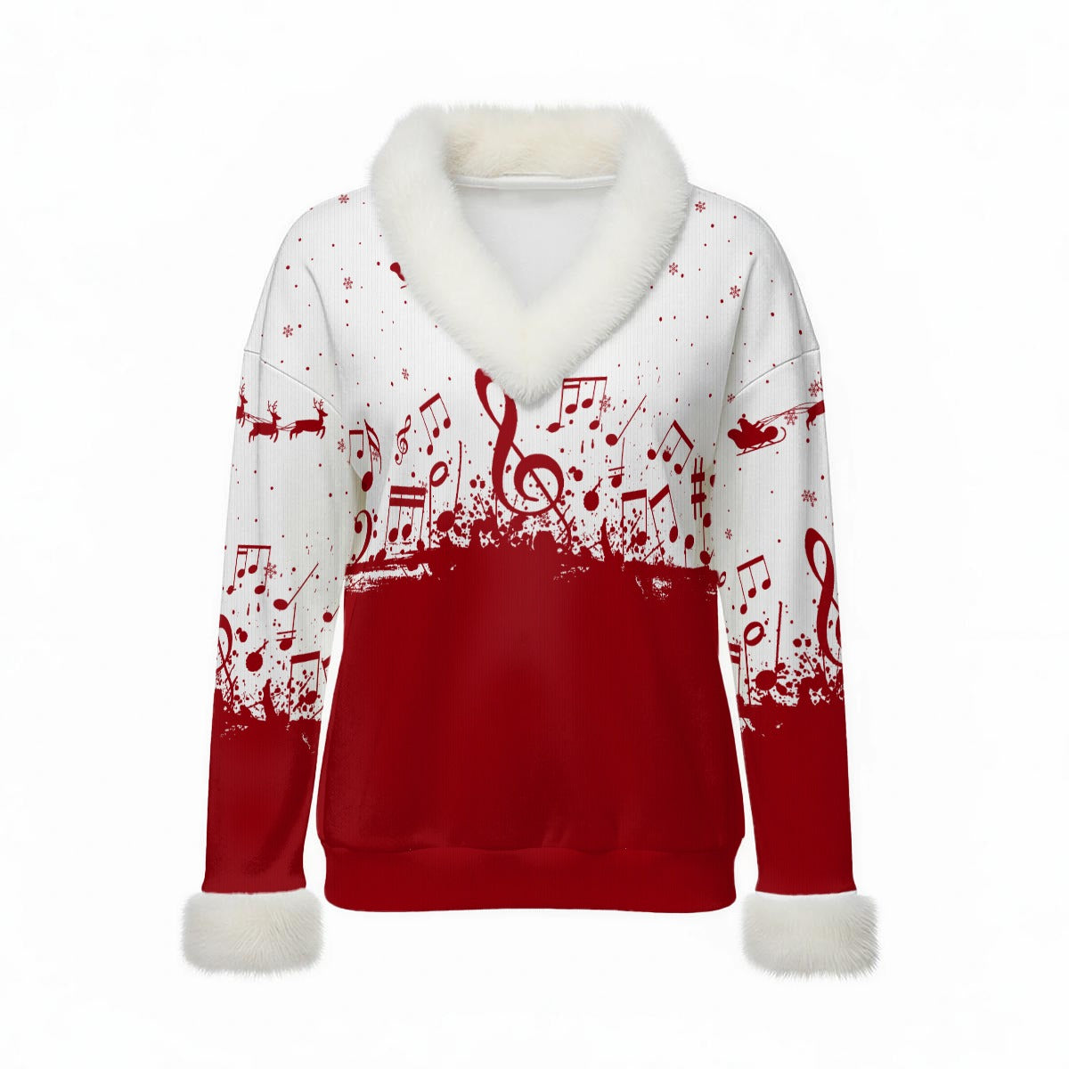 Music Christmas Faux Fur V-Neck Sweater
