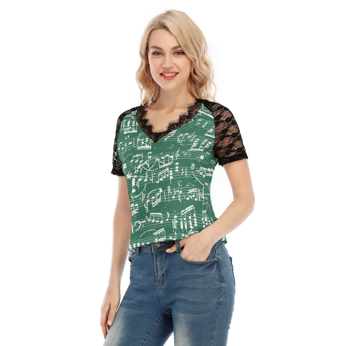 Music Green V-neck Lace T-shirt