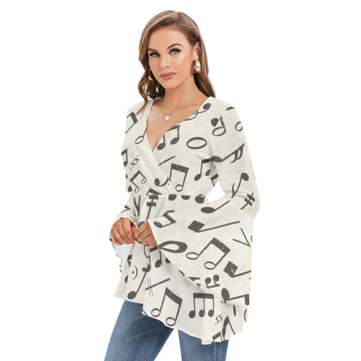 Vintage Music Print V-neck Flared Sleeve Blouse