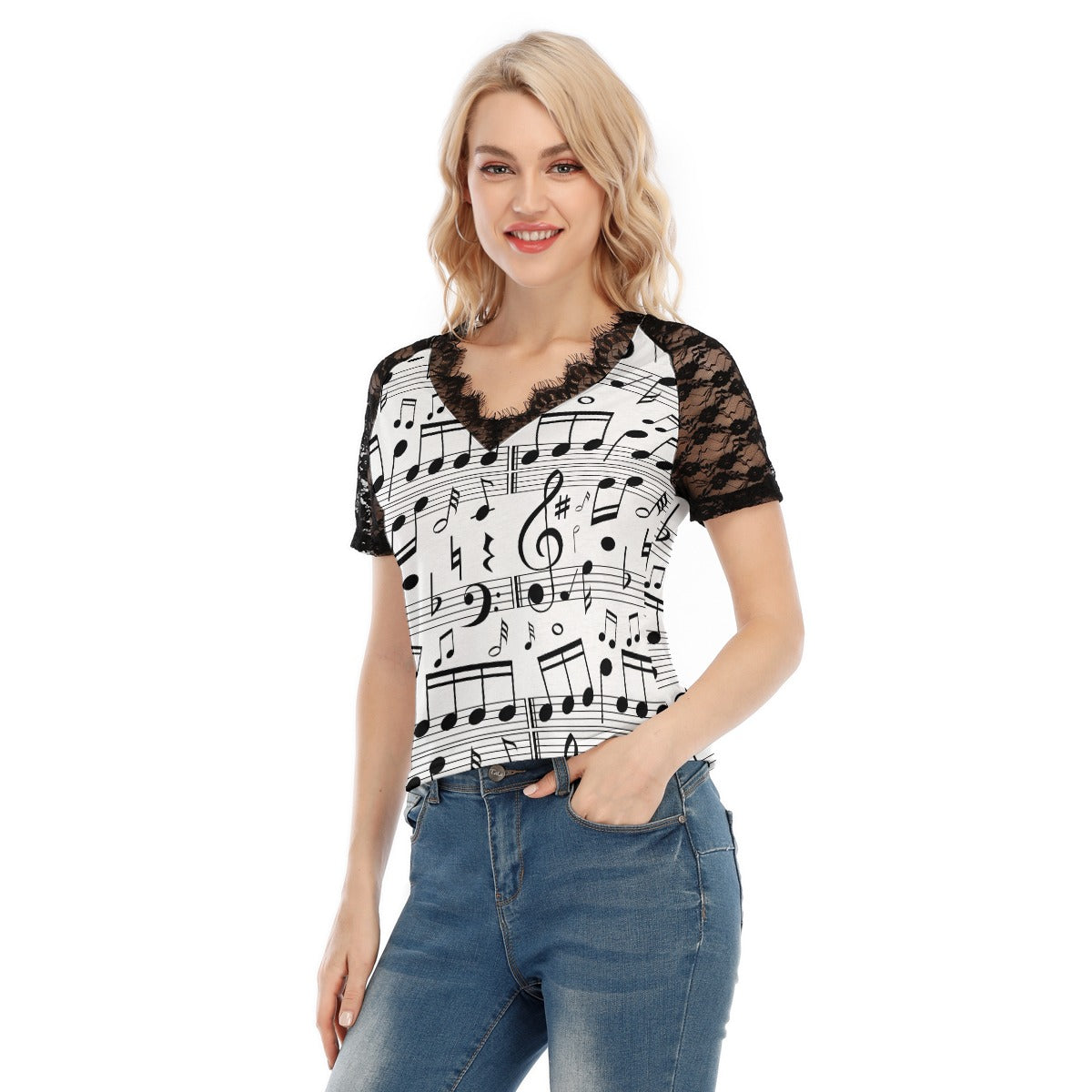 Music Scores V-neck Lace T-shirt