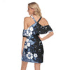 Music Blue Flowers Cold Shoulder Criss Cross Dress