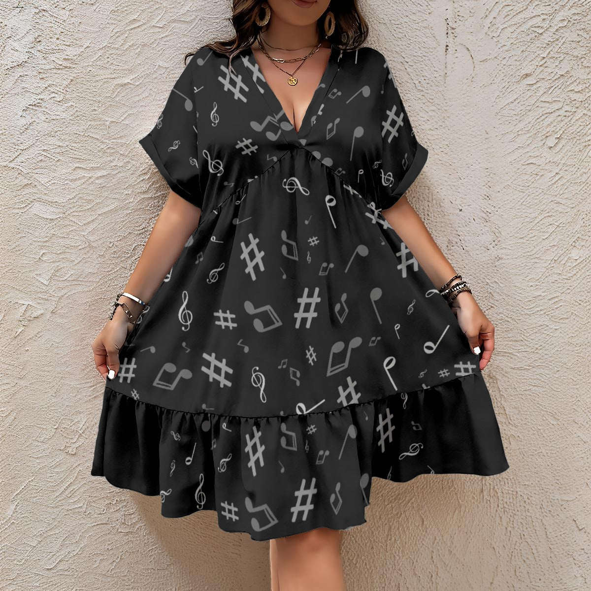 Music Pattern V-Neck Short Sleeve Dress