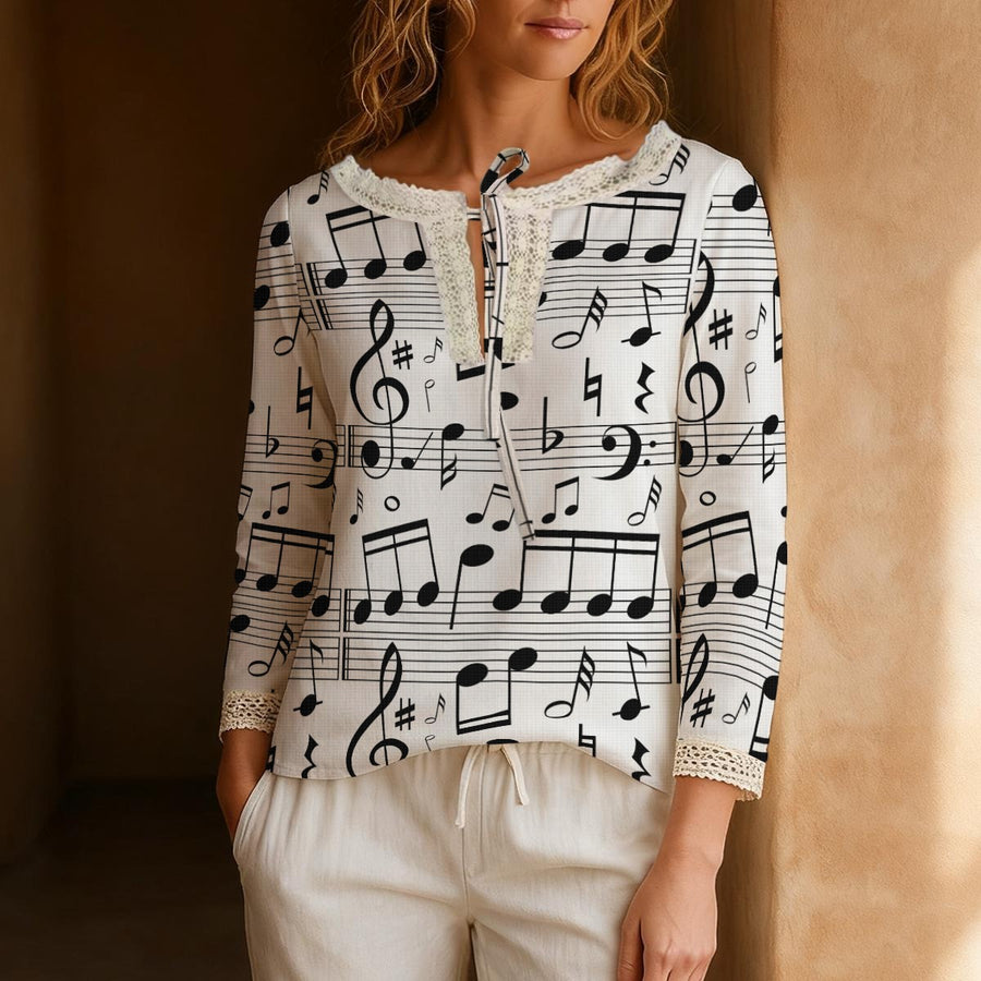 Music White Long-Sleeve Boho Tie Neck Top