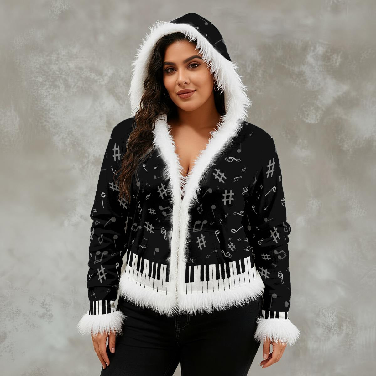 Piano Lovers Women's Faux Fur Trim Hooded Jacket