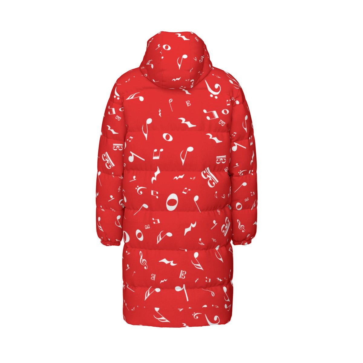 Red Music Notes Print Unisex Long Down Jacket