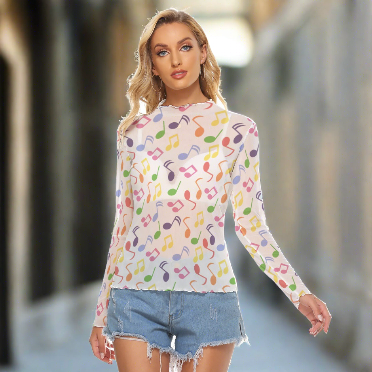 Music Pattern Women's Mesh Top