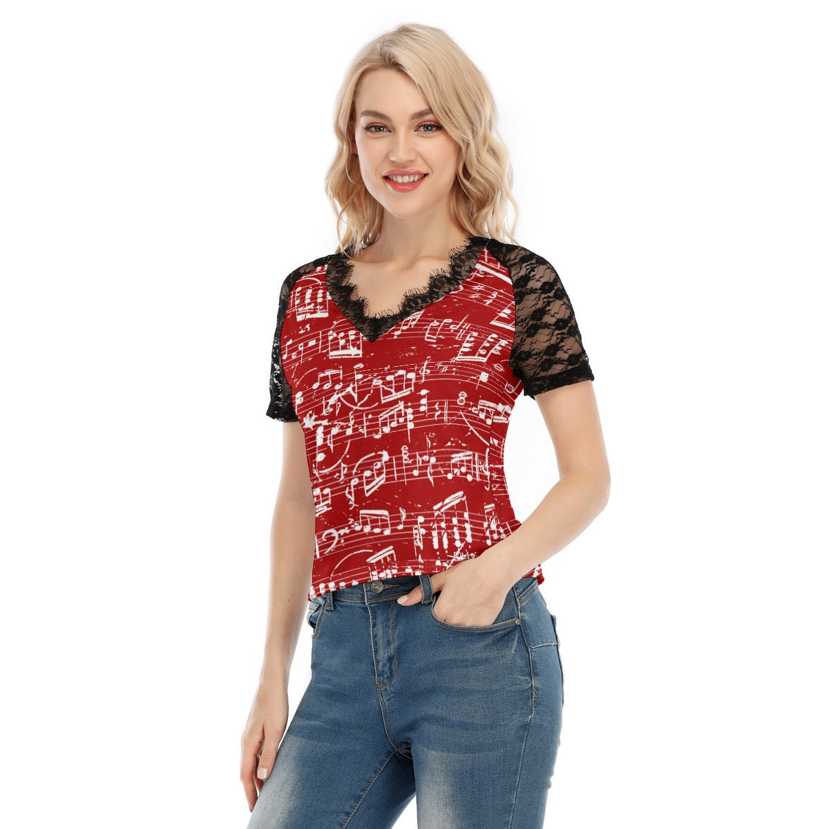 Music Red V-neck Lace T-shirt