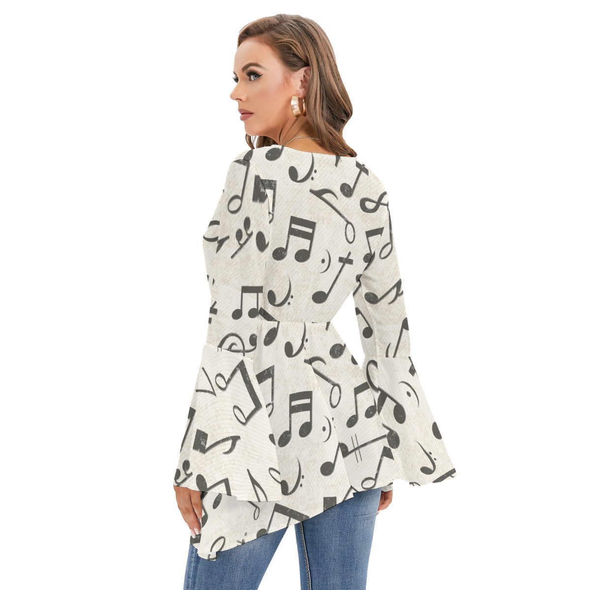 Vintage Music Print V-neck Flared Sleeve Blouse