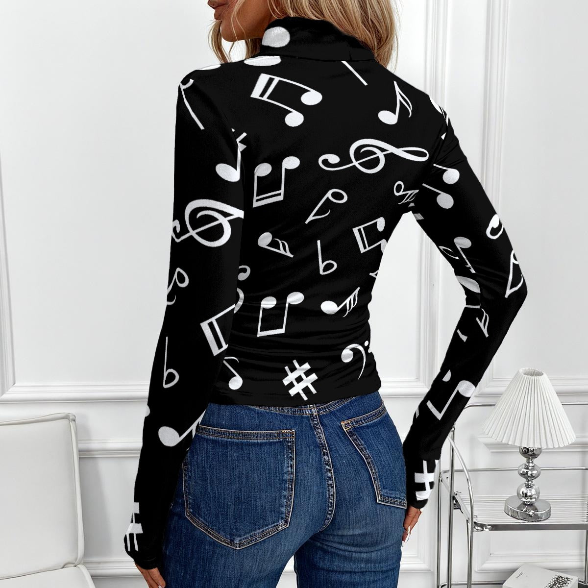 Music Print Black Turtleneck Long Sleeve Top