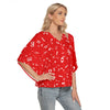 Music Red Bat Sleeve V-neck Button Up Top