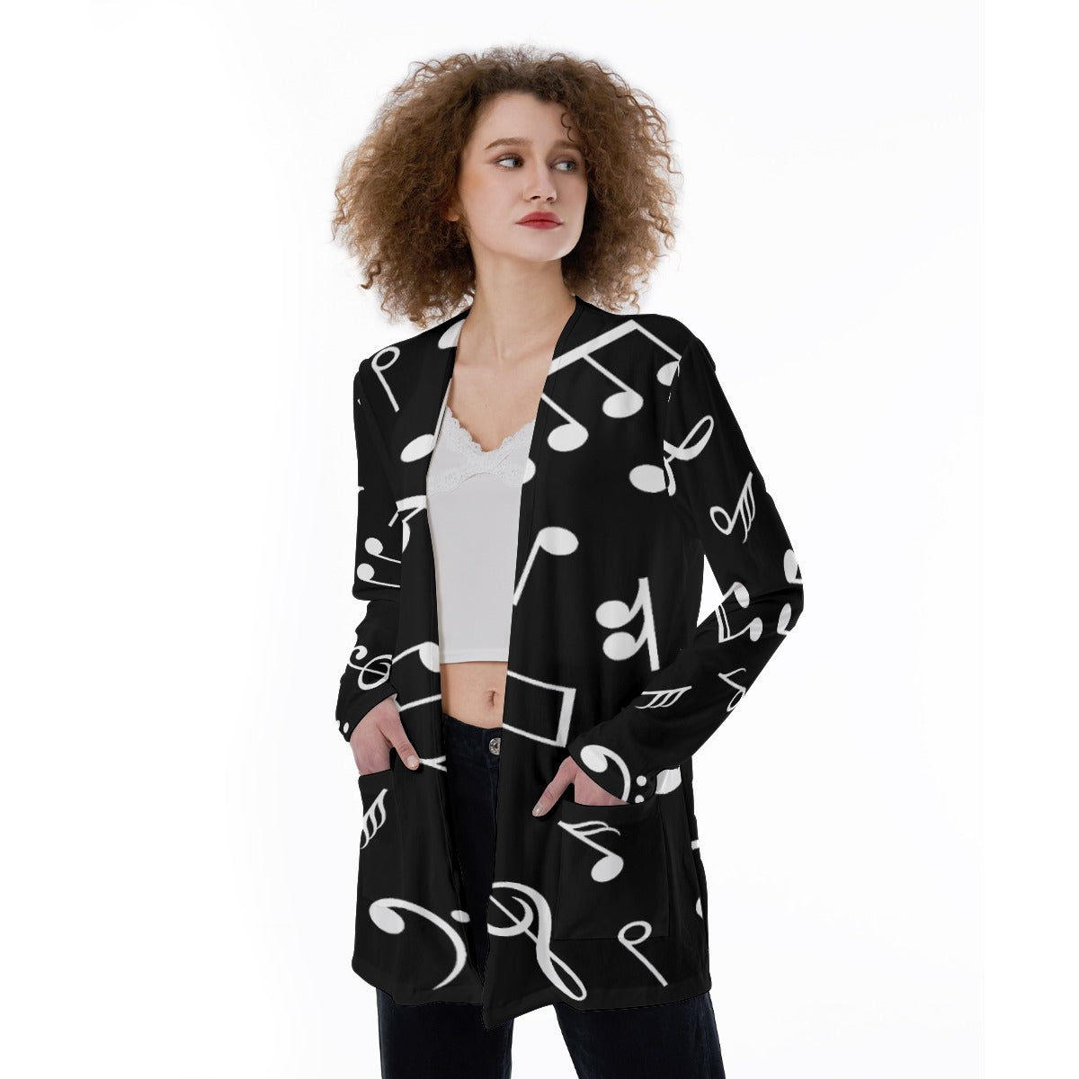 Music Print Women's Pocket Cardigan