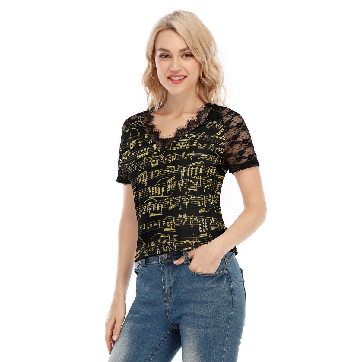 Music Black V-neck Lace T-shirt