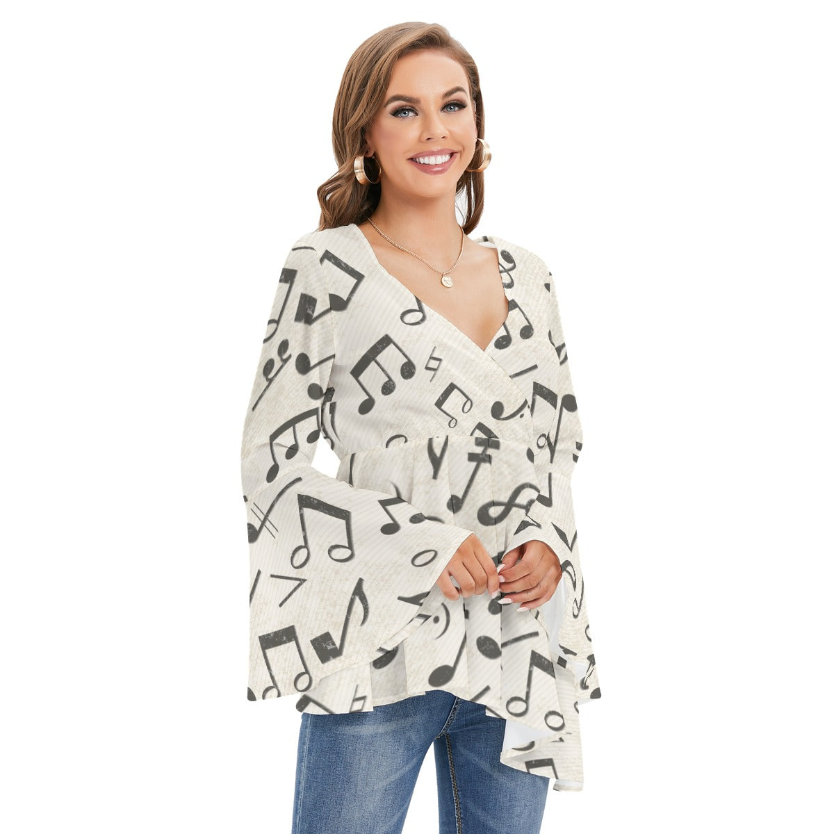 Vintage Music Print V-neck Flared Sleeve Blouse