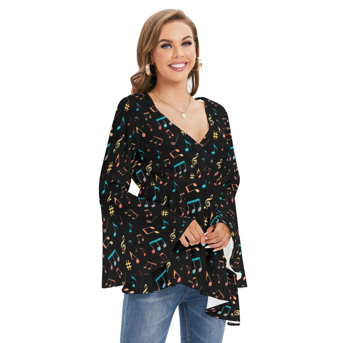 Classic Music Print V-neck Flared Sleeve Blouse