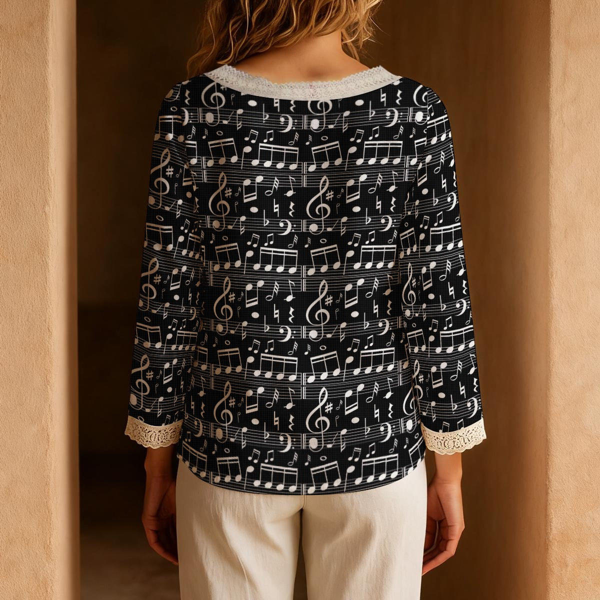 Music Black Long-Sleeve Boho Tie Neck Top