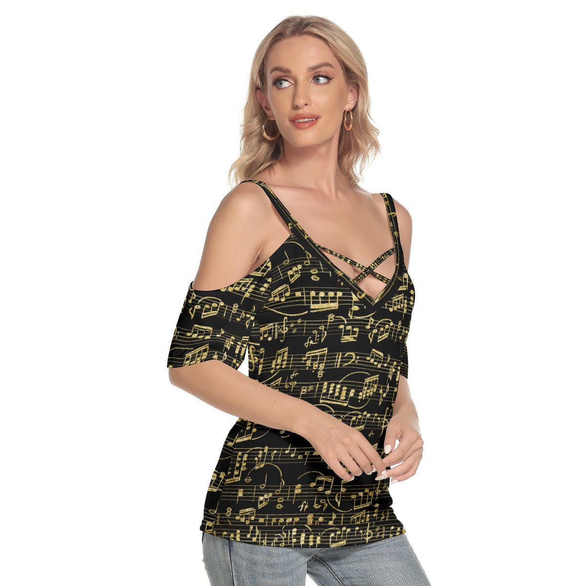 Music Black Cold Shoulder Front Criss Cross Top