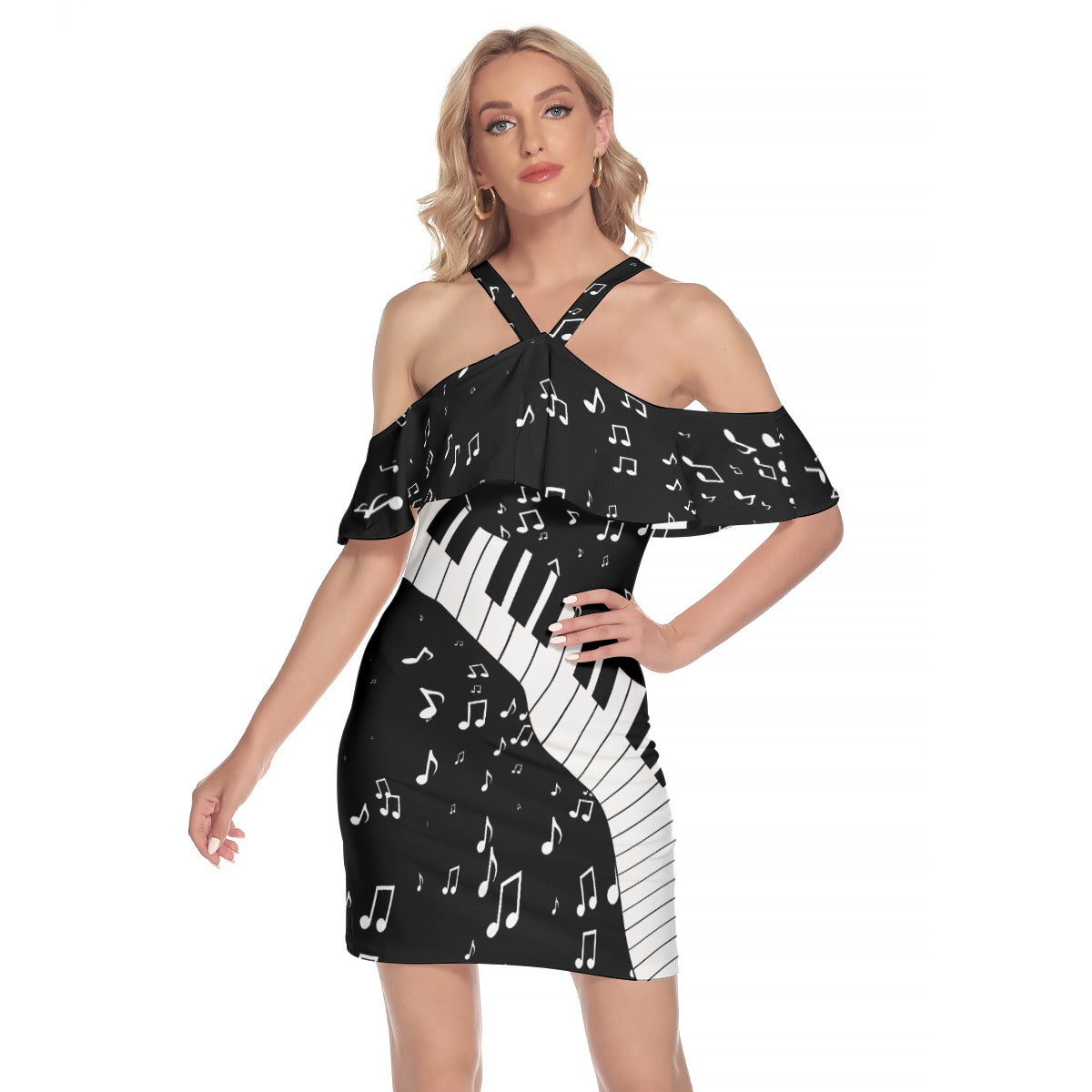 Piano Music Cold Shoulder Criss Cross Dress