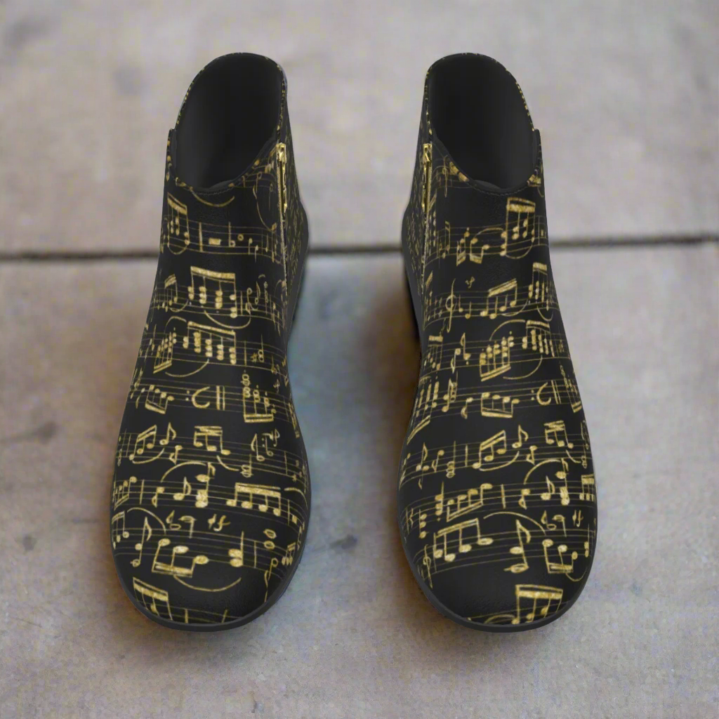 Gold & Black Music Print Women's Short Boots