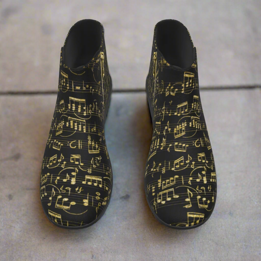 Gold & Black Music Print Women's Short Boots