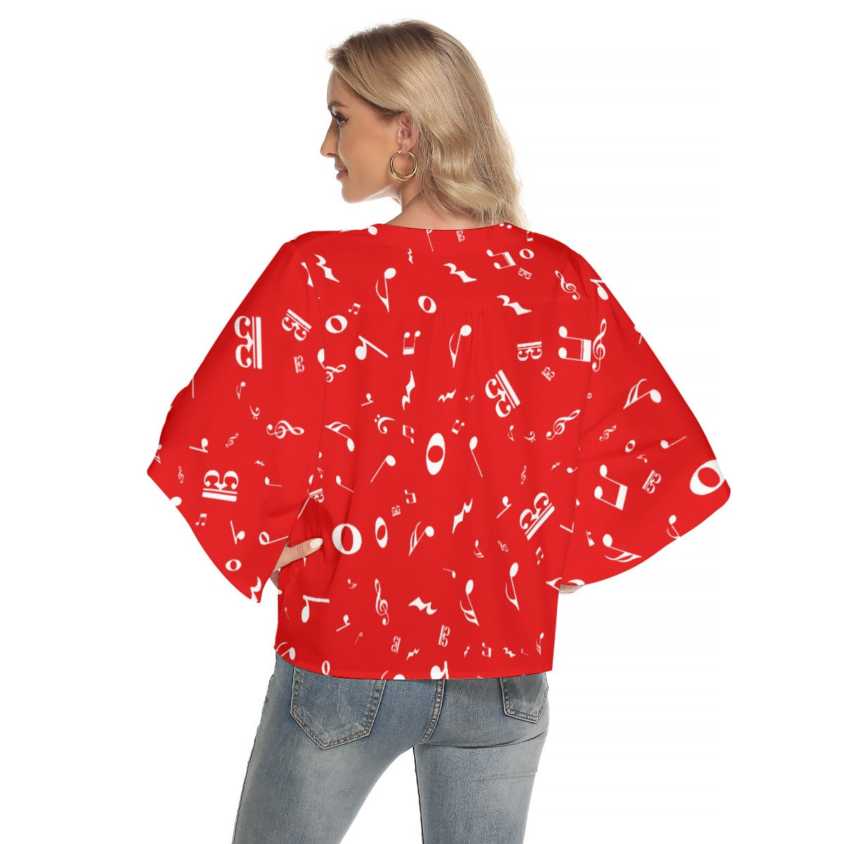 Music Red Bat Sleeve V-neck Button Up Top