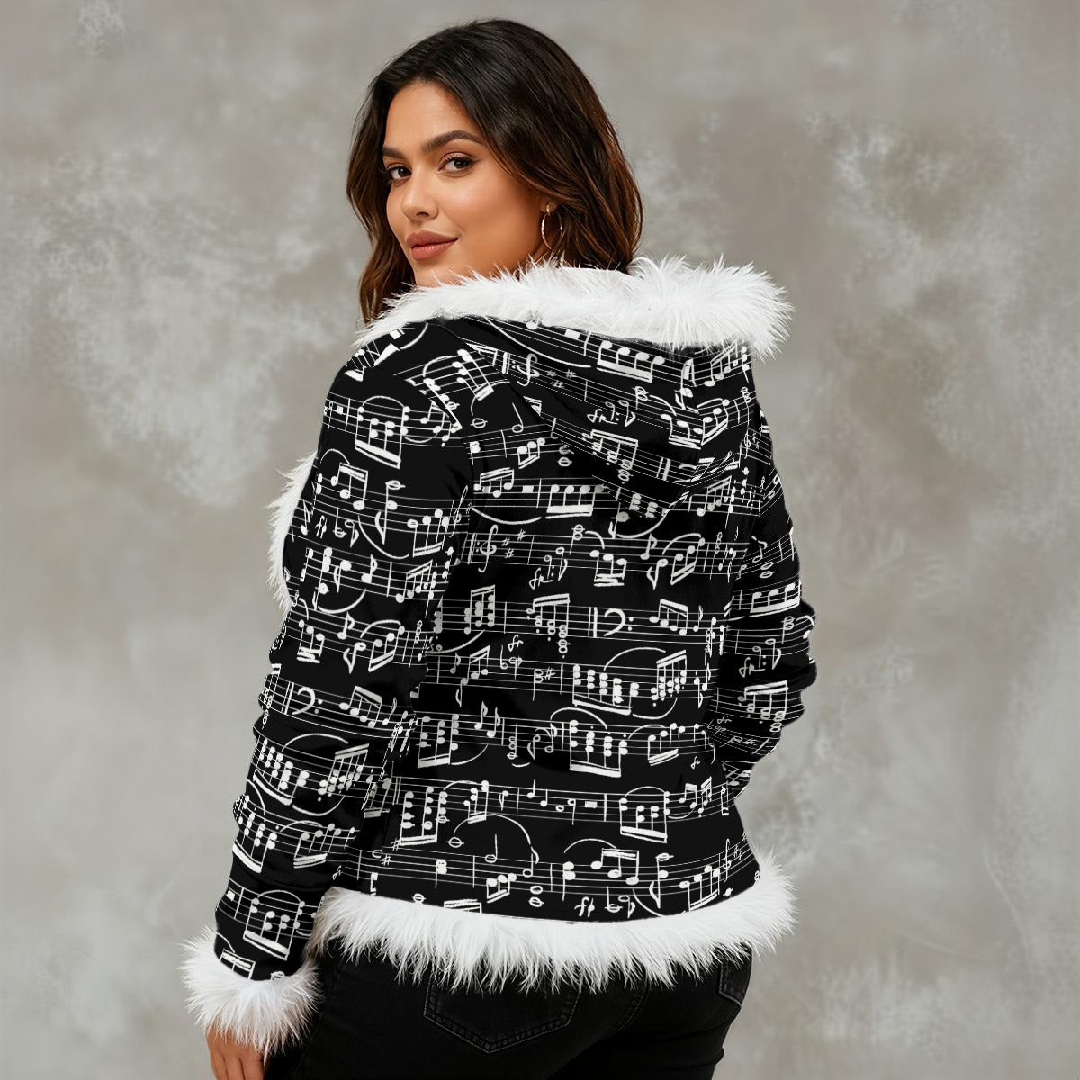 Music Scores Black Women's Faux Fur Trim Hooded Jacket