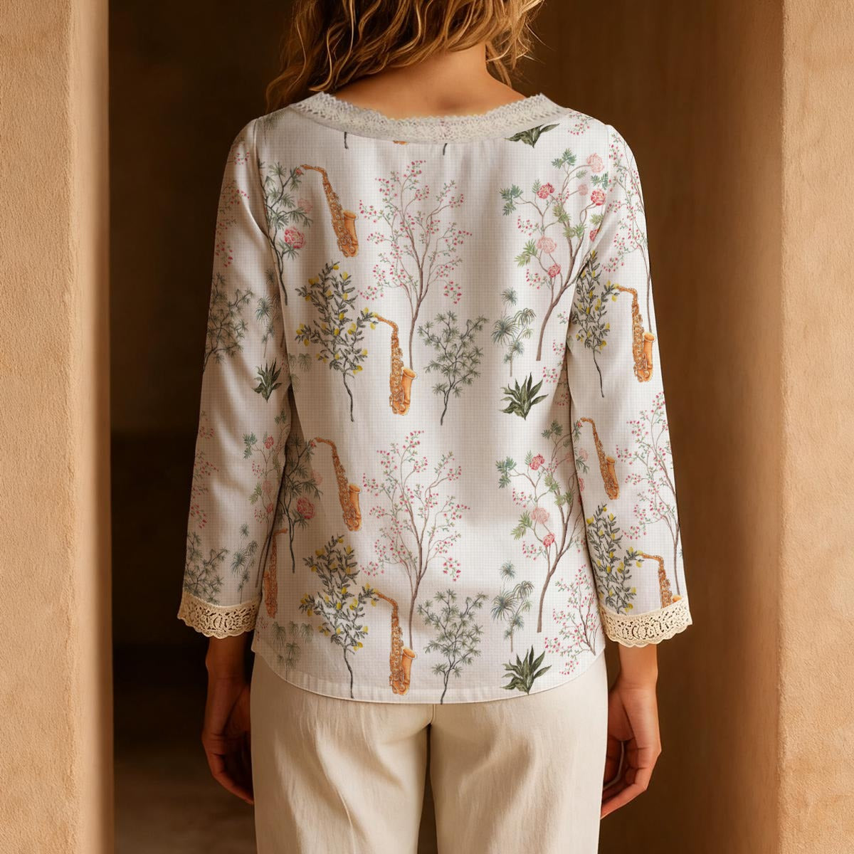 Saxophone Long-Sleeve Boho Tie Neck Top