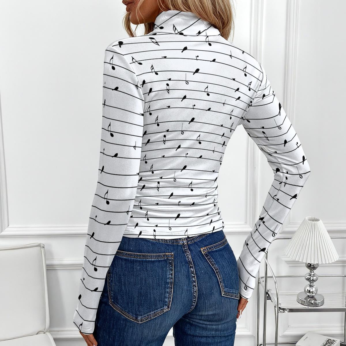 Music Birds Print Turtleneck Long Sleeve Top