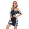 Music Blue Flowers Cold Shoulder Criss Cross Dress