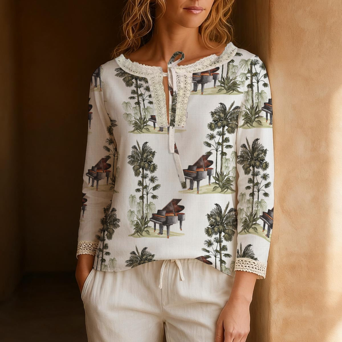 Grand Piano & Forest Long-Sleeve Boho Tie Neck Top