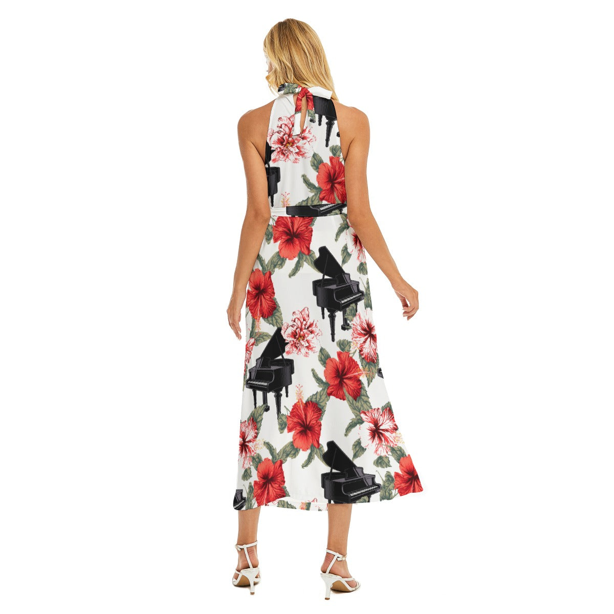 Flowers & Grand Piano Wrap Hem Halter Dress