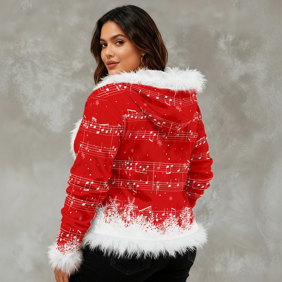 Music Christmas Women's Faux Fur Trim Hooded Jacket