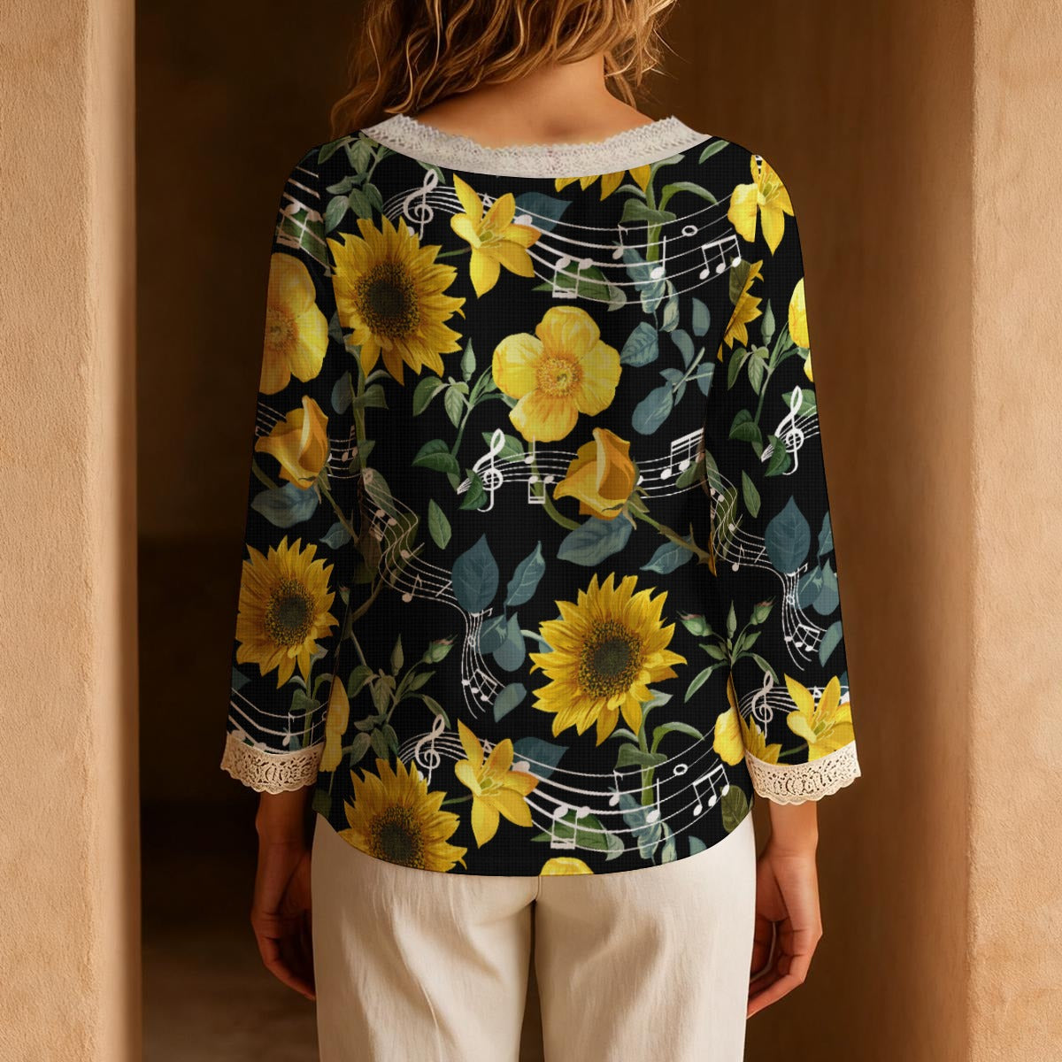 Music Sunflower Long-Sleeve Boho Tie Neck Top