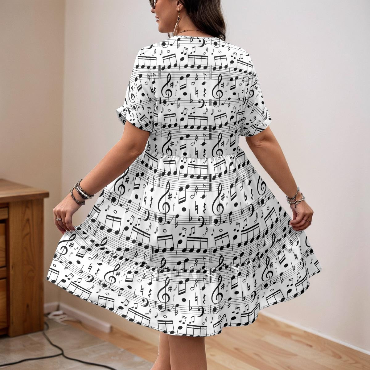 Music Sheet V-Neck Short Sleeve Dress