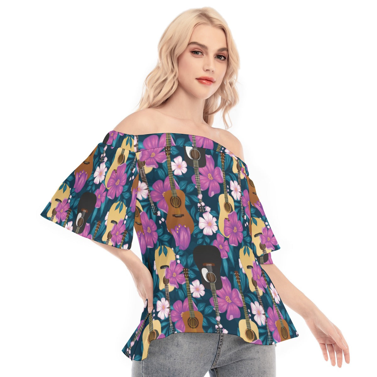 Floral Guitar Off-shoulder Back Split Top