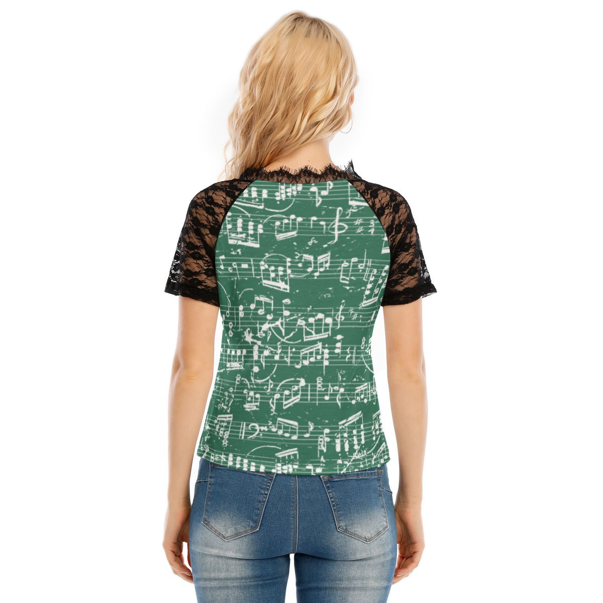 Music Green V-neck Lace T-shirt