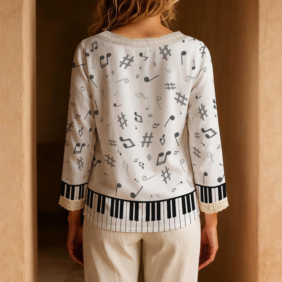 Piano & Music Long-Sleeve Boho Tie Neck Top