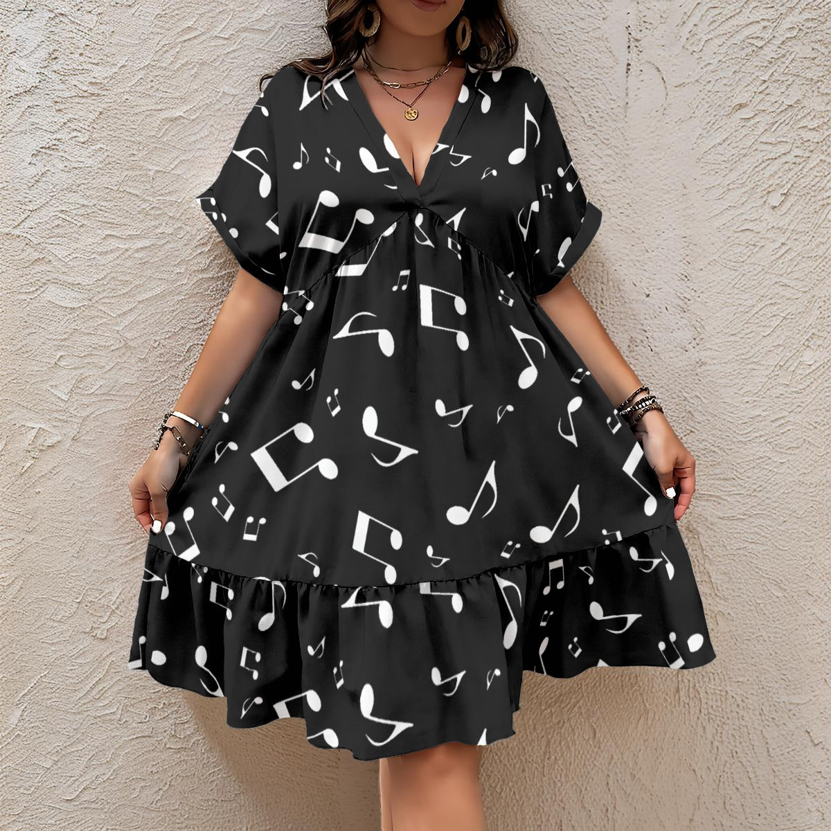 Music Notes V-Neck Short Sleeve Dress