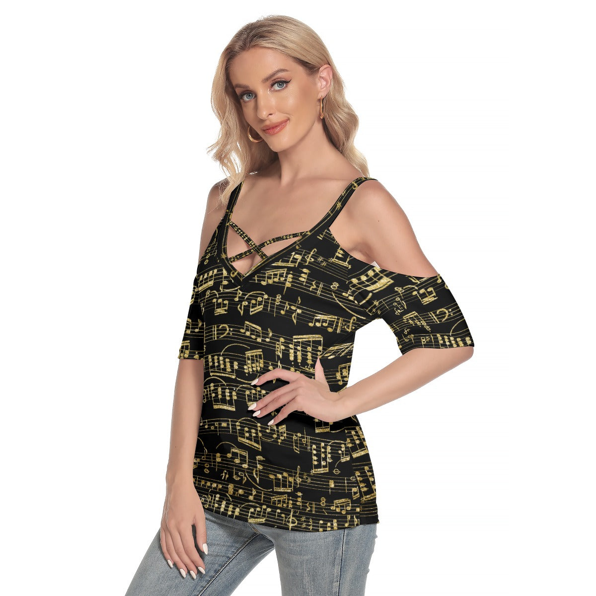 Music Black Cold Shoulder Front Criss Cross Top
