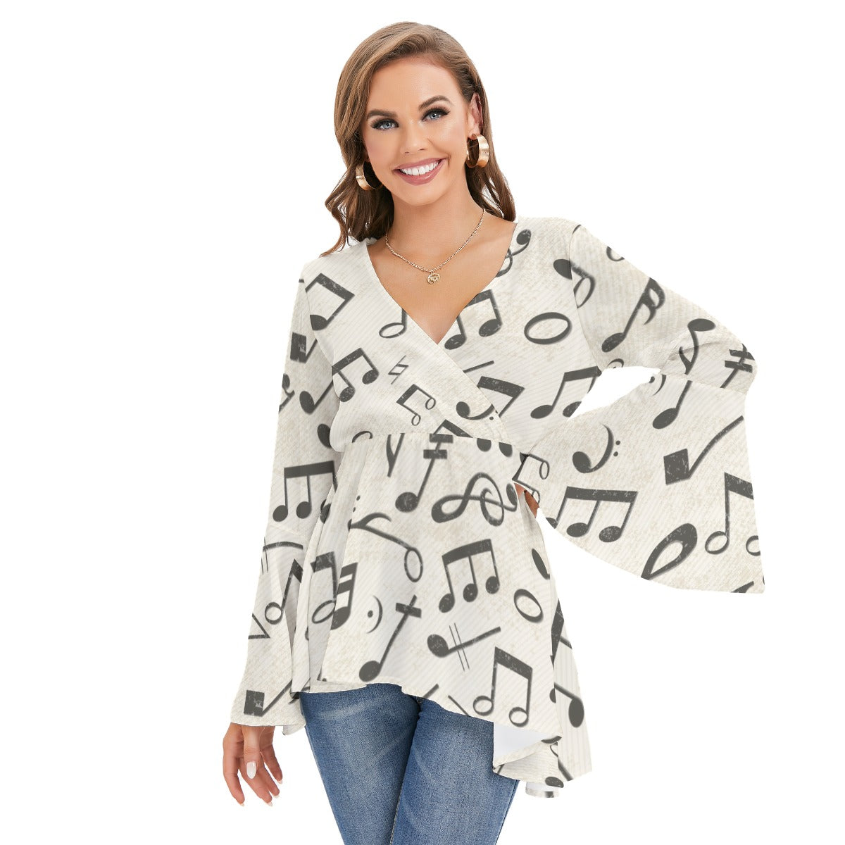 Vintage Music Print V-neck Flared Sleeve Blouse
